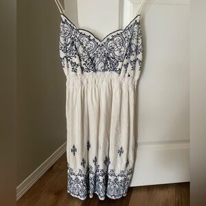 White and Blue Embroidered Sundress Smocked Waist Flowy Mini